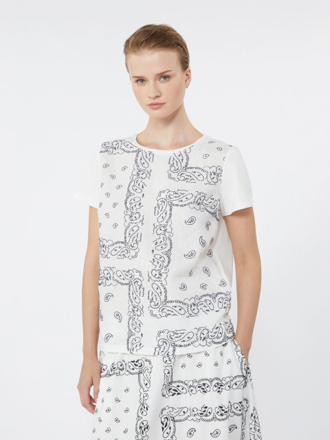 Белая футболка Weekend Max Mara с льняной вставкой и вышивкой: фото 4 - Invogue