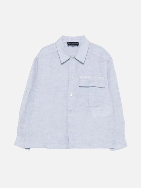 Блакитна сорочка Emporio Armani з логотипом з бавовни та льону: фото - Invogue