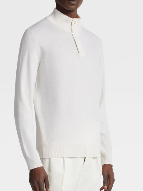 Белый свитер Zegna из кашемировой пряжи с воротом-стойкой и планкой: фото 1 - Invogue