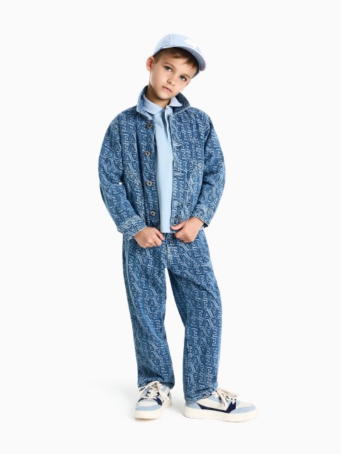 Джинсовая куртка с жаккардным логотипом Emporio Armani Kids: фото 1 - Invogue