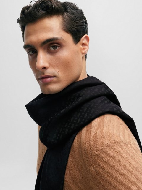 Черный шарф BOSS с жаккардовым узором: фото 2 - Invogue