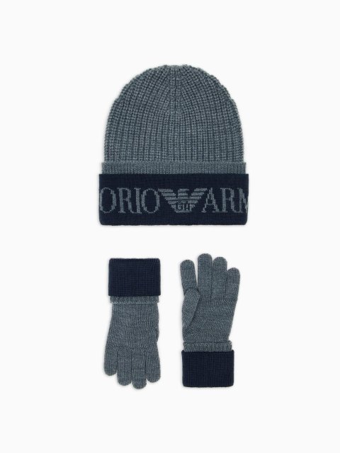 Комплект сірого кольору з шапки та рукавичок EMPORIO ARMANI з логотипом: фото - Invogue