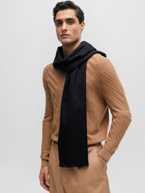 Черный шарф BOSS с жаккардовым узором: фото 1 - Invogue