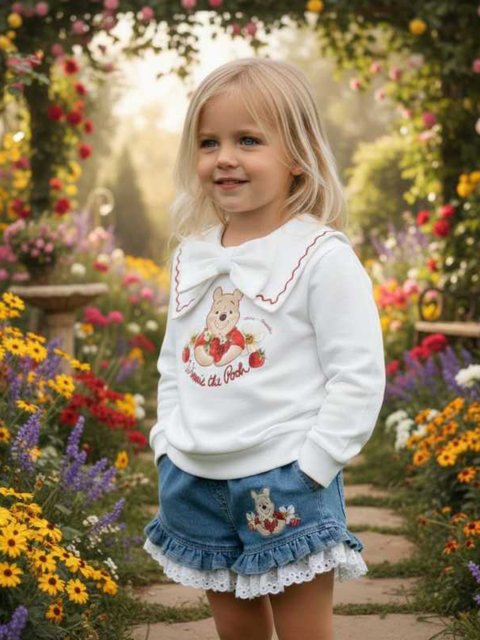 Джинсовые шорты Pooh Bear с двойными рюшами и вышивкой Monnalisa: фото 1 - Invogue