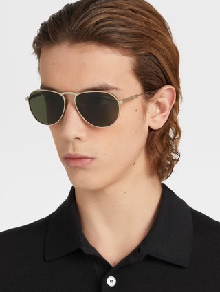 Солнцезащитные очки-капли Zegna с зелеными линзами в металлической оправе: фото 1 - Invogue