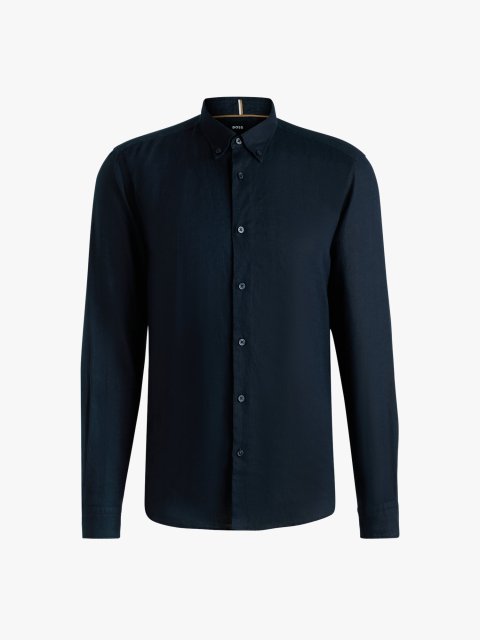 Темно-синяя рубашка Boss из льна: фото - Invogue
