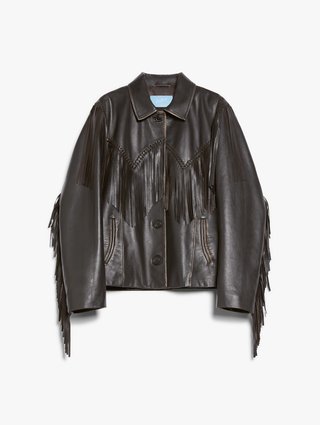 Темно-коричнева куртка WEEKEND MAX MARA зі шкіри наппа: фото - Invogue