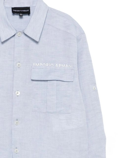 Блакитна сорочка Emporio Armani з логотипом з бавовни та льону: фото 1 - Invogue