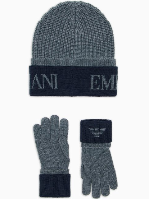 Комплект сірого кольору з шапки та рукавичок EMPORIO ARMANI з логотипом: фото 2 - Invogue