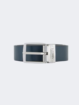 Сине-серый двусторонний ремень Emporio Armani из полиуретана: фото - Invogue
