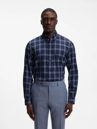 Синяя рубашка в клетку BOSS из хлопка: фото 1 - Invogue