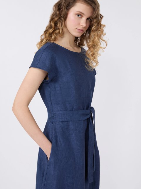 Темно-синя сукня з поясом Weekend Max Mara з льону: фото 3 - Invogue