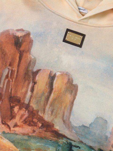 Бежевое худи DOLCE&GABBANA с принтом и металлической пластиной с логотипом: фото 2 - Invogue