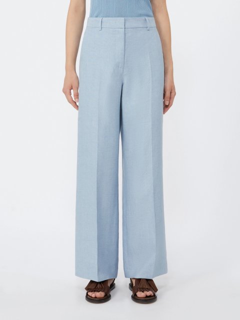 Голубые брюки Weekend Max Mara из льна со стрелками: фото 2 - Invogue