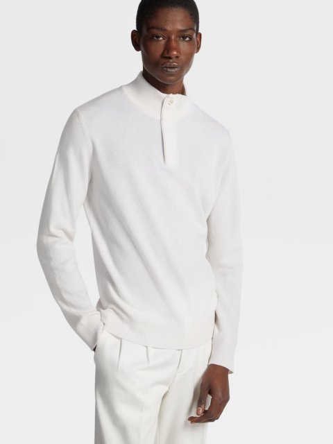 Белый свитер Zegna из кашемировой пряжи с воротом-стойкой и планкой: фото 4 - Invogue