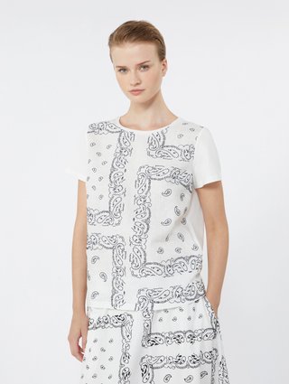 Белая футболка Weekend Max Mara с льняной вставкой и вышивкой: фото 4 - Invogue