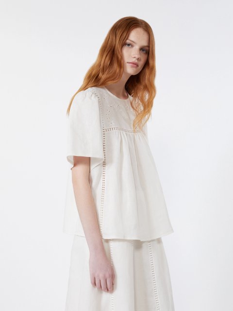 Кремовий топ Weekend Max Mara з льону з вишивкою: фото 3 - Invogue