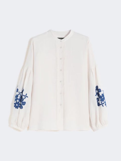 Кремова сорочка Weekend Max Mara з льону з вишивкою: фото - Invogue