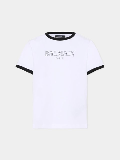 Біла футболка Balmain з чорним логотипом з органічної бавовни: фото - Invogue