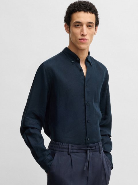 Темно-синяя рубашка Boss из льна: фото 2 - Invogue