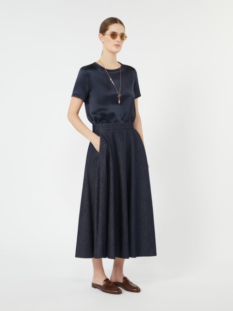 Темно-синя футболка MAX MARA з віскозного атласу: фото 1 - Invogue