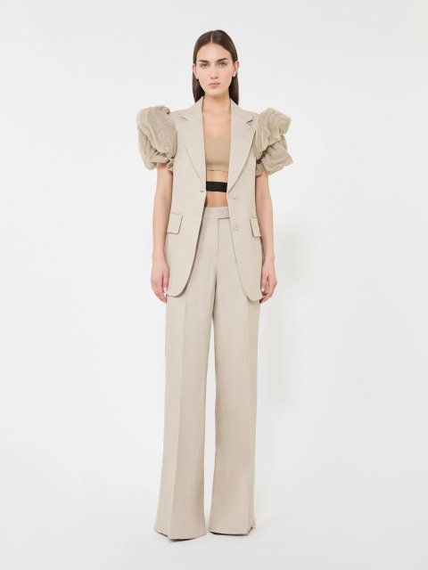 Бежевые брюки Max Mara из льна широкого кроя: фото 1 - Invogue