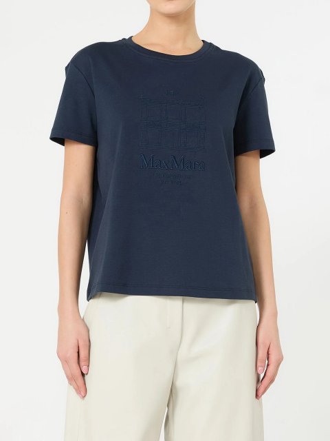 Темно-синя футболка Max Mara з бавовни з вишивкою: фото 2 - Invogue