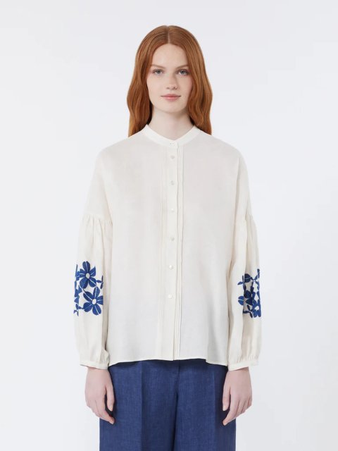 Кремова сорочка Weekend Max Mara з льону з вишивкою: фото 1 - Invogue