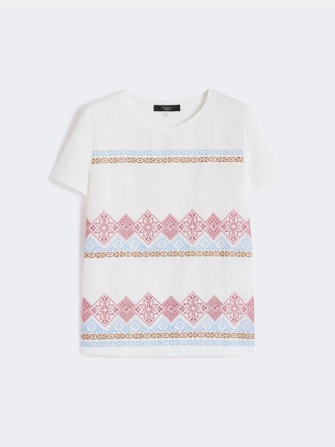Белая футболка Weekend Max Mara из хлопка и эластана с вышивкой: фото - Invogue