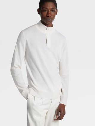 Белый свитер Zegna из кашемировой пряжи с воротом-стойкой и планкой: фото 4 - Invogue