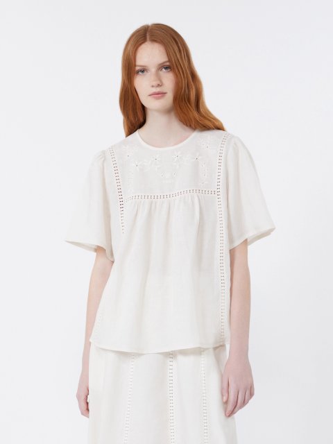 Кремовий топ Weekend Max Mara з льону з вишивкою: фото 2 - Invogue
