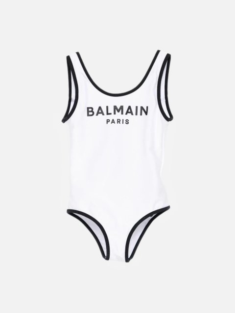 Біло-чорний купальник Balmain з логотипом з лайкри: фото - Invogue