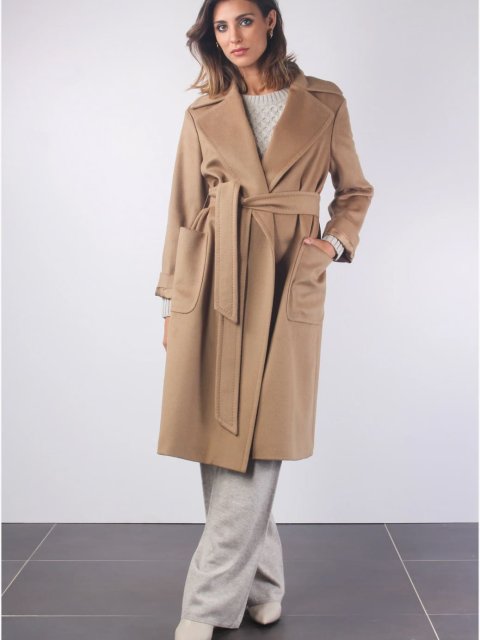 Темно-бежеве пальто MAX MARA з вовни з поясом: фото 5 - Invogue